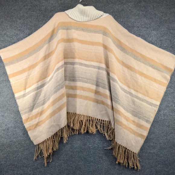 Vince Camuto Women's Turtleneck Poncho Sweater Tan One Size Striped Fringe - Picture 2 of 11